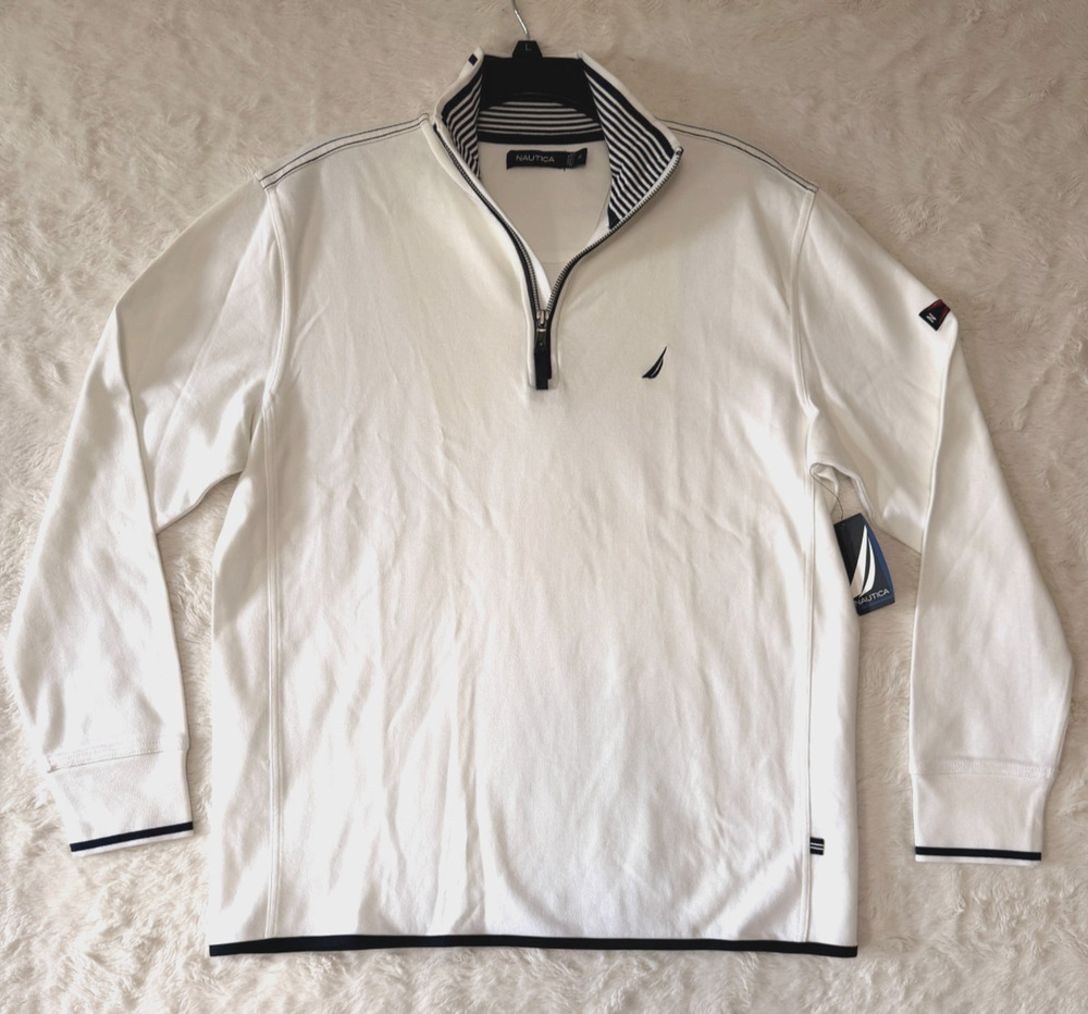 NWT NAUTICA Men's Medium White 1/4 Zip Pullover Sweater w/Chest Logo MSRP $69.50